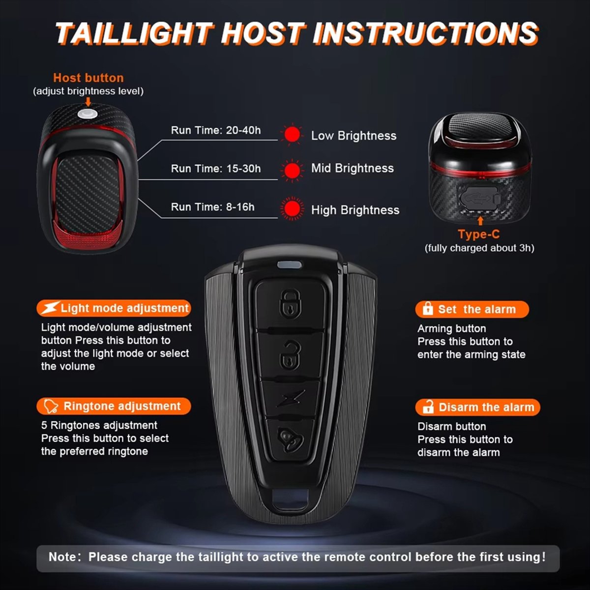 Bike Tail Light - A61P 115dB リモコン式自転車テールライト 盗難防止 振動アラーム 防水