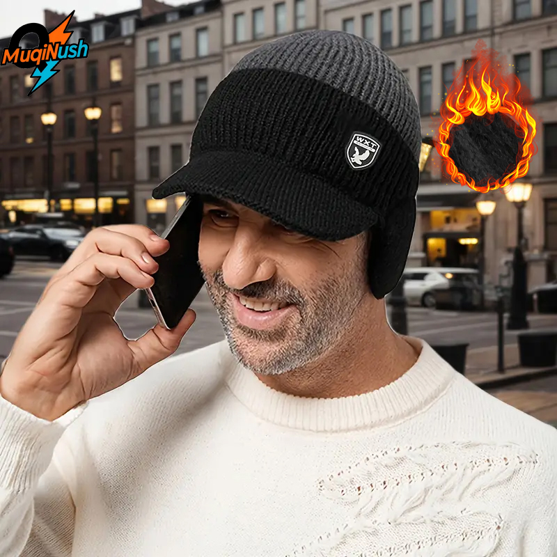 Cycling Gear For Cold Weather - MuqiNush 冬用暖かいビーニー イヤーフラップ付き フリース裏地付きニット帽 風防付きアウトドアスキーキャップ つば付き