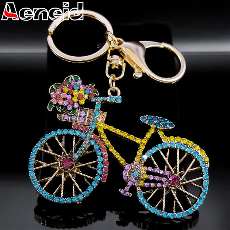 Yellow Cycling Gear - カラフルなクリスタルバイクフラワー自転車キーチェーン女性合金ラインストーンゴールドカラースポーツキーリングアクセサリージュエリーギフト K9439S04