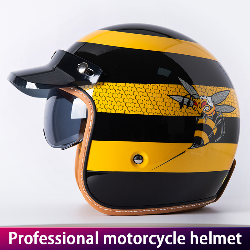 Yellow Cycling Gear - 新しいレトロなオートバイヘルメットイエロービー 3/4 シェルオートバイ内蔵フロントガラスと帽子のつば付きヴィンテージスタイルサイクリング安全ギア