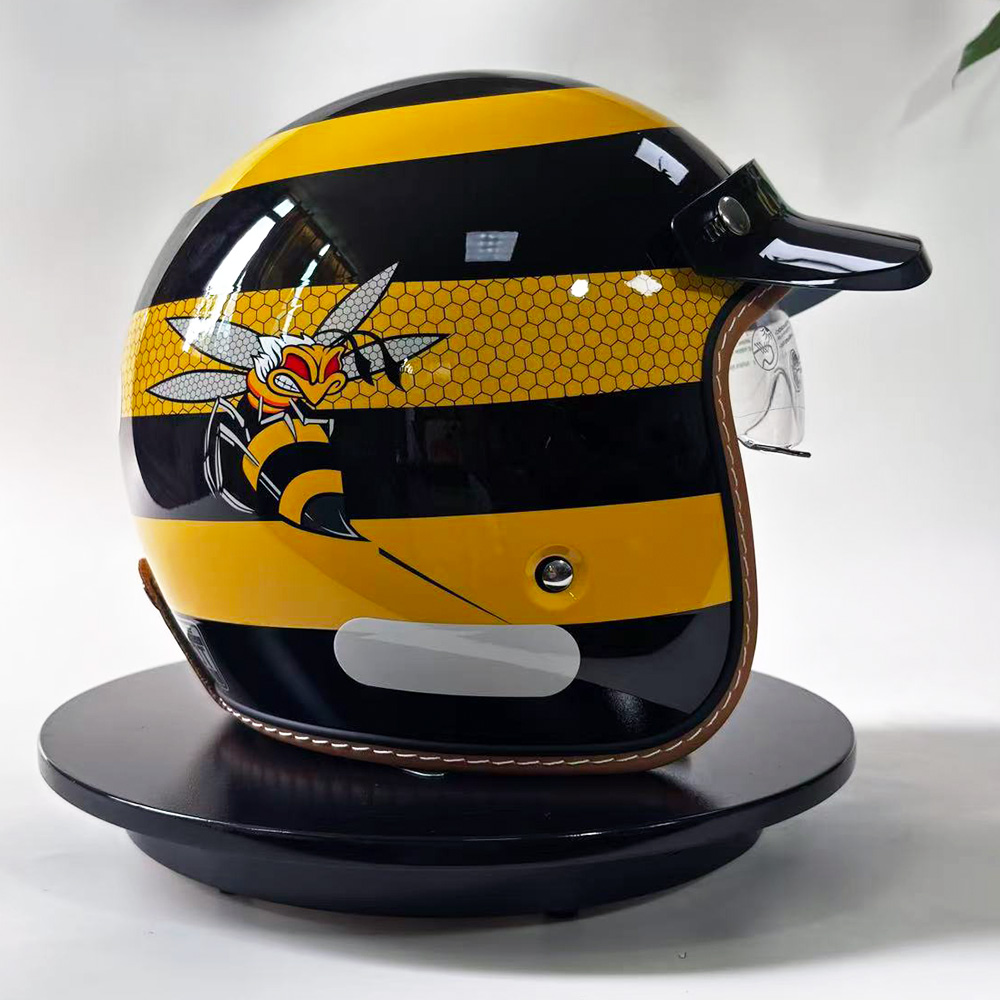 新しいレトロなオートバイヘルメットイエロービー 3/4 シェ - Yellow Cycling Gear のレビューと価格