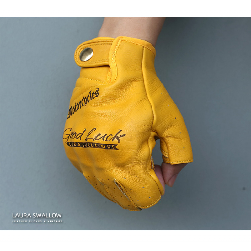 夏用黄色牛革ハーフフィンガーバイクグローブ、オープンフィンガ - Yellow Cycling Gear のレビューと価格